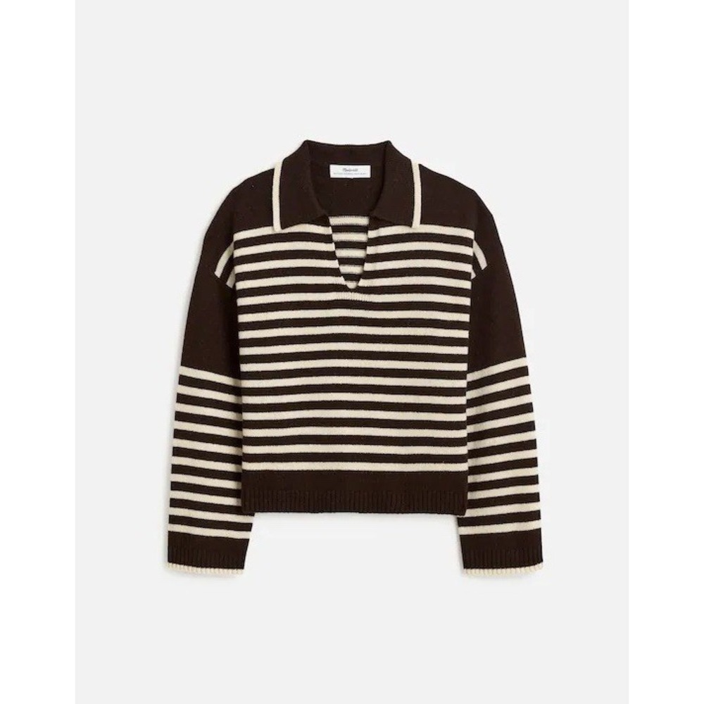 Madewell Cashmere Wool Blend Polo Sweater V Neck in Brown Striped NS669 Sz S‎